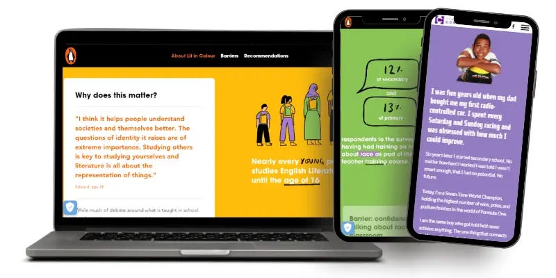 Laptop displaying a whitepaper on the importance of studying diverse literature next to two smartphones showing related statistics and a personal story.