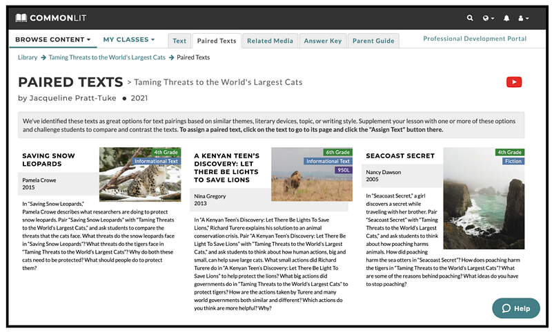 The Paired Texts tab for the CommonLit lesson "Taming Threats to the World's Largest Cats."