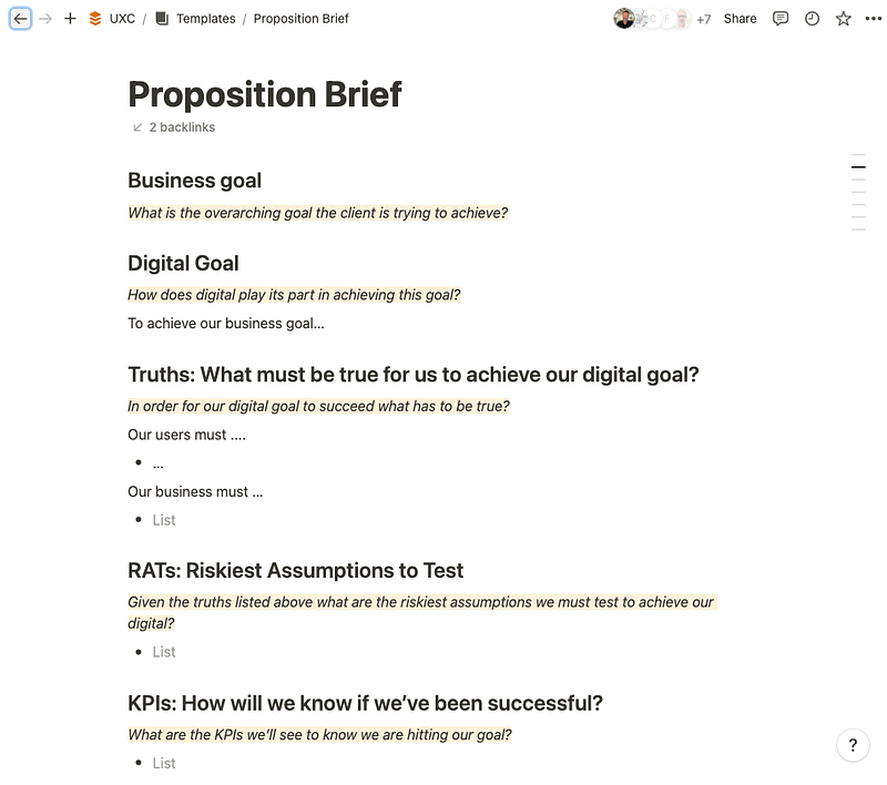 The Proposition Brief asks key questions about the Business Goal, Digital goal, and Assumptions around the project.
