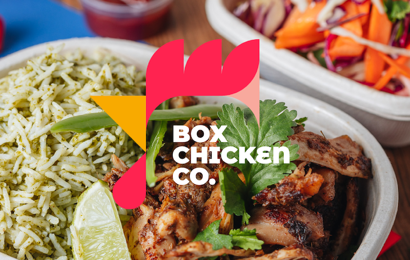 Healthy chicken and rice dish with Box Chicken Co. branding