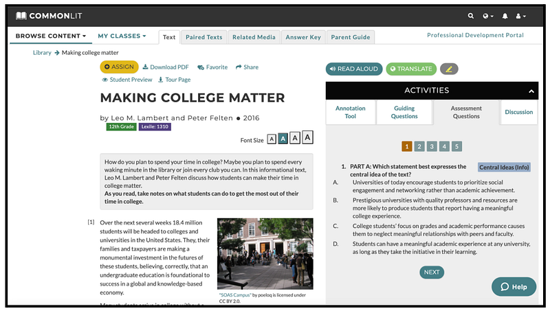 The CommonLit text "Making College Matter"