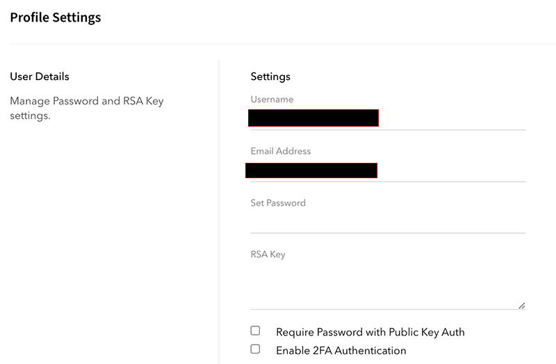 Updating user settings for cloud SFTP to SharePoint including options for RSA keys and 2FA