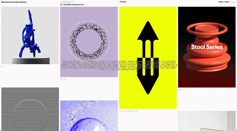 Minimal portfolio grid featuring bold graphic artworks, including 3D objects, abstract patterns, and high-contrast compositions, presented on a clean editorial-style layout by a Milan-based designer.