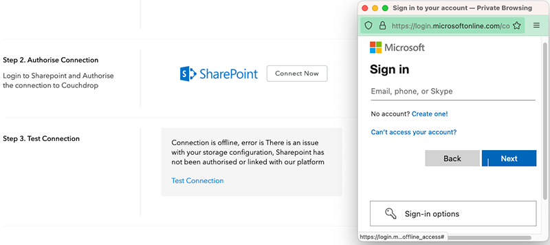 OAuth windows to connect to SharePoint in Couchdrop for file transfers from NetSuite to SharePoint.