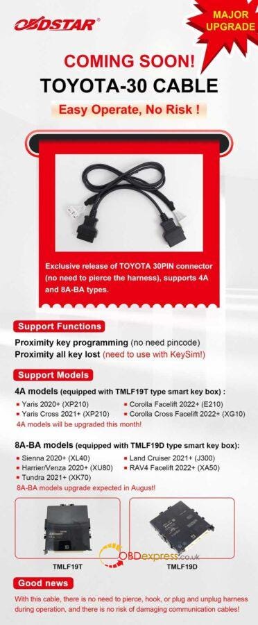 OBDSTAR Toyota-30 Cable for 4A/8A-BA Add Key and All Keys Lost