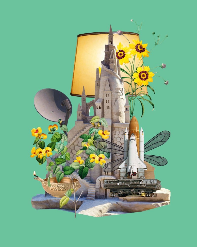 Collage elements: A mint green background, in the back we have a house lamp switched on, and sunflowers. In the middle ground there is a sandcastle, satellite dish, space shuttle with insect wings. And finally a Diya lamp as a symbol.