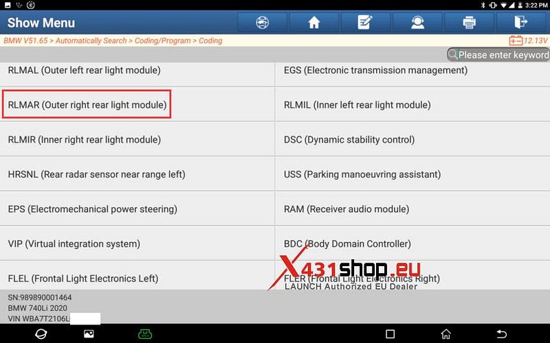 LAUNCH X431 Diagnostic Tool Online Coding BMW 740Li Lights