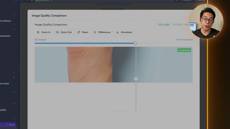 Before and after image comparison with draggable slider and file size stats