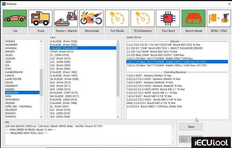 PADFlash Read and Write Benz CRD3.10 ECU via OBD and Bench