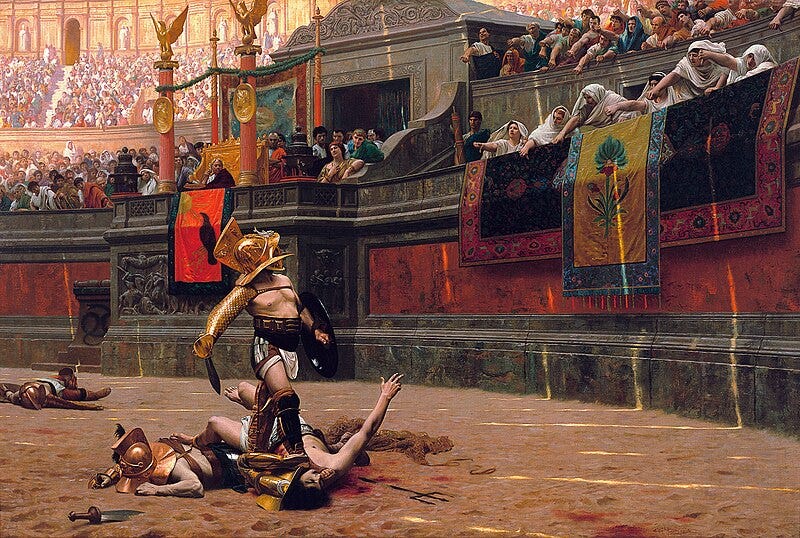 A Roman gladiator stands over his defeated opponent in the center of an ornate arena. A jeering crowd hold out their hands with a thumbs down gesture demanding that he deliver the killing blow.