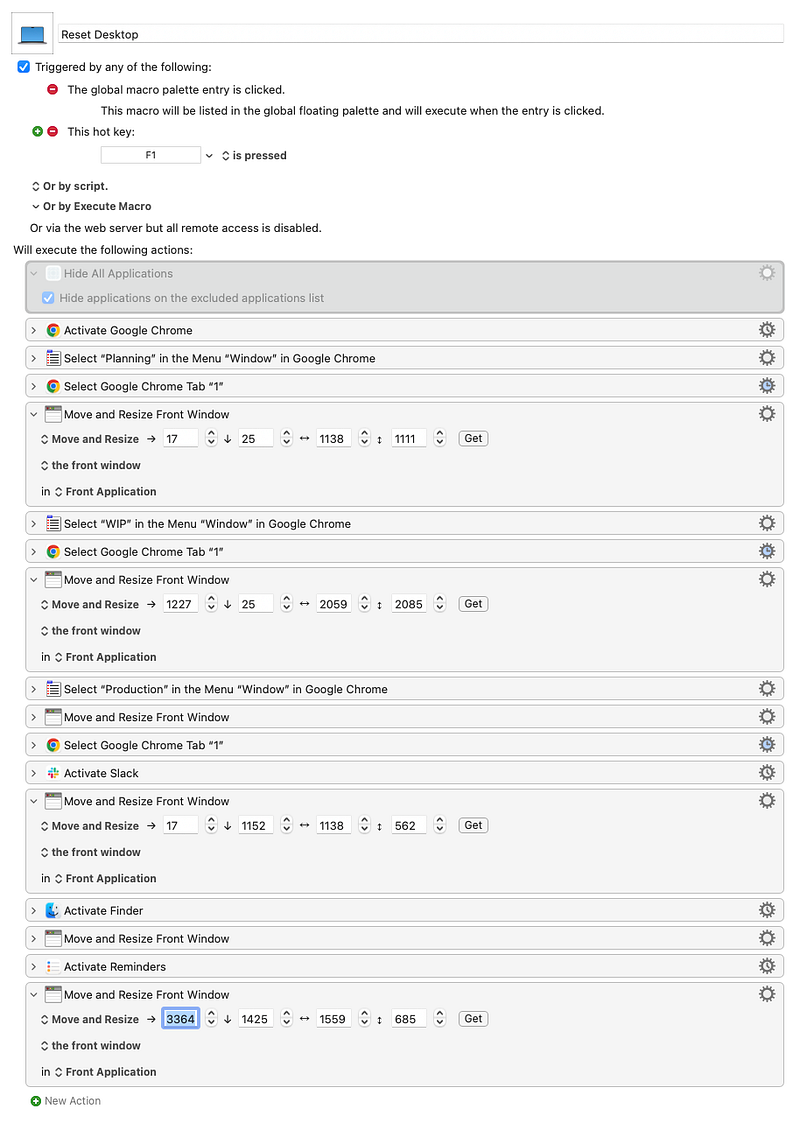 A custom Reset Desktop macro within Keyboard Maestro