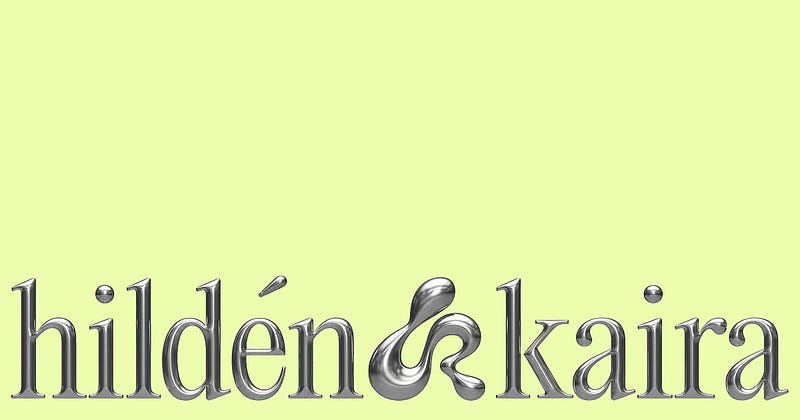 Chrome-style metallic typography logo for Hildén & Kaira on a pale green background, combining serif letterforms with fluid reflective 3D styling