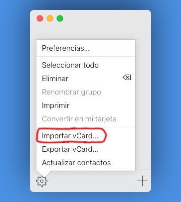 Opción de importar mediante vCard