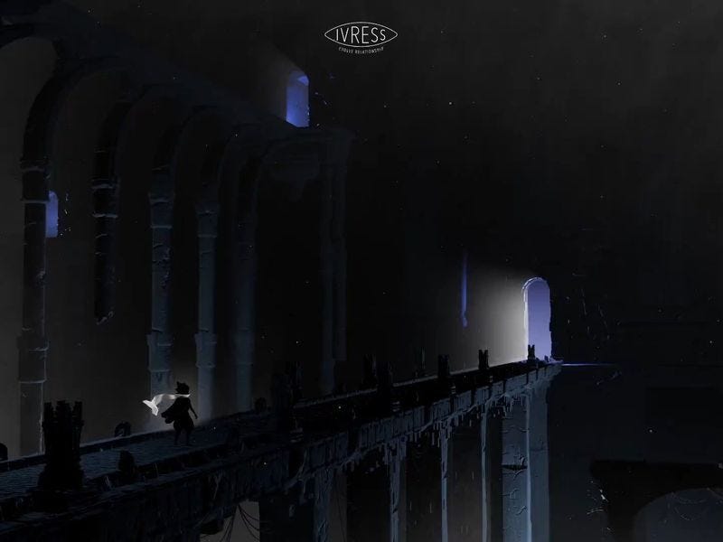 Ivress website with dark cinematic scene of a figure crossing a bridge inside a vast architectural space, lit by soft glowing light in the distance