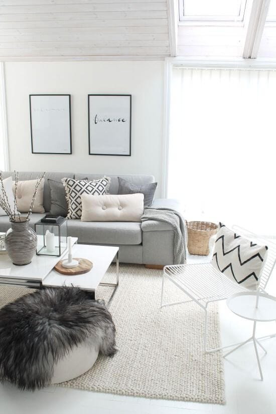 Scandinavian bright monochrome living room