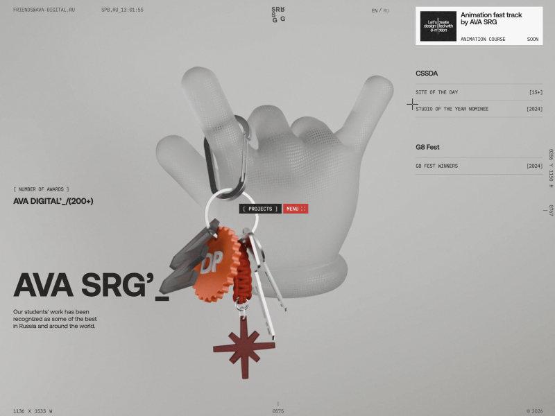 A grayscale hero image featuring a 3D-rendered hand holding a keyring with multiple keys and tags, including a red gear-shaped tag and a star symbol, set against a minimalist background with modern typography and award listings for AVA SRG.