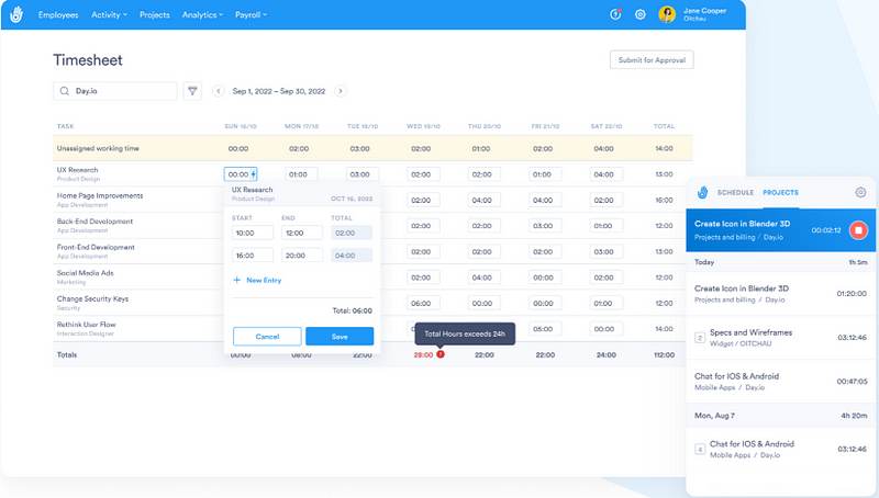 timesheet dashboard of Day.io - time tracking for contractors 