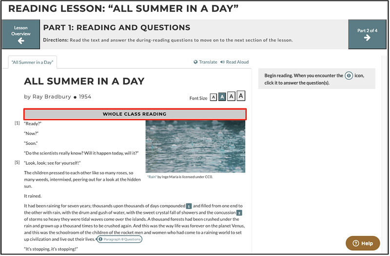 A digital reading lesson for "All Summer in a Day" with the heading "Whole Class Reading" boxed in red.