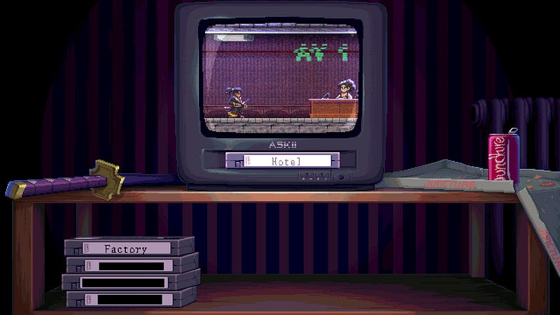 The level selection screen, presented in the style of being a small tv and VHS tapes in the protagonist's apartment.