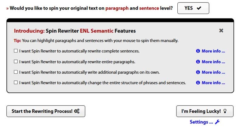 Spin Rewriter 7.0 Settings
