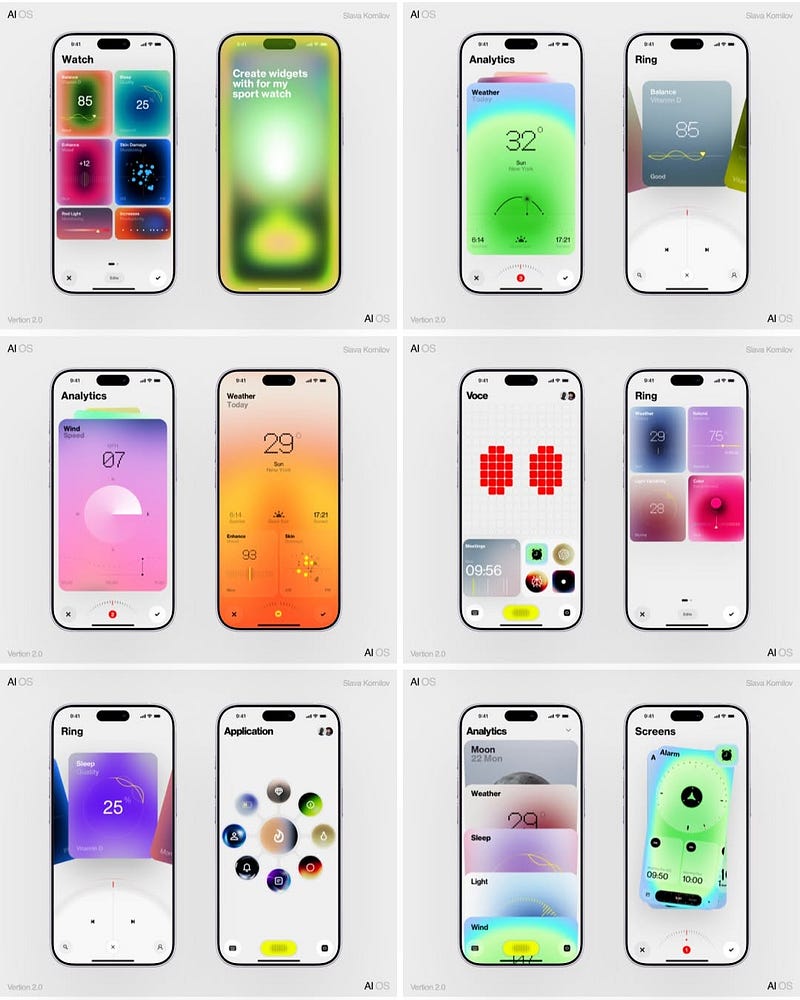 Collection of mobile UI screens showcasing an AI-powered operating system with colorful gradient widgets, analytics dashboards, and modular interface components.
