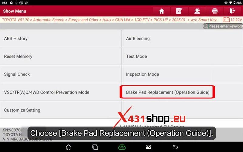 LAUNCH X431 V+ HD_Replace 2025 Toyota Hilux Brake Pads