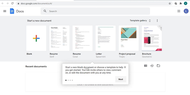 Google Docs homepage | one of google project management tools