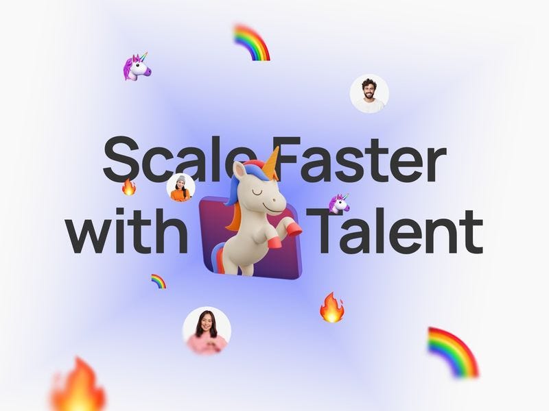 Assistantly website hero with “Scale Faster with Talent” headline, central 3D unicorn illustration, and floating emojis on a soft gradient background