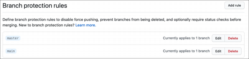 A listing of the example repo’s branch protection rules. Now we have master and main listed.
