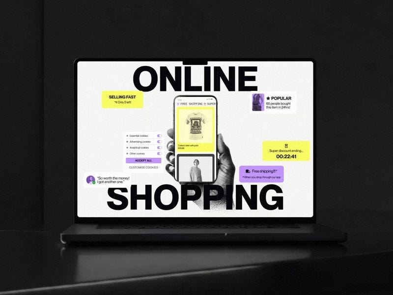 Laptop displaying an online shopping interface with bold typography and layered UI elements like popups, notifications, and product cards.