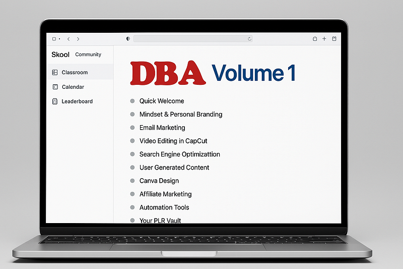 A laptop screen displaying the course module list of DBA Volume 1 in a Skool community classroom view.