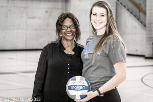 College of Alameda Head Volleyball coach Linda Thompson (left) with player Taylor Elliott, who is headed to San Jose State in the fall. 