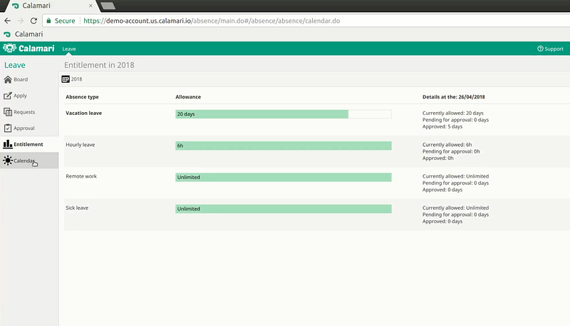 entitlement dashboard on Calamari - Basecamp time tracking