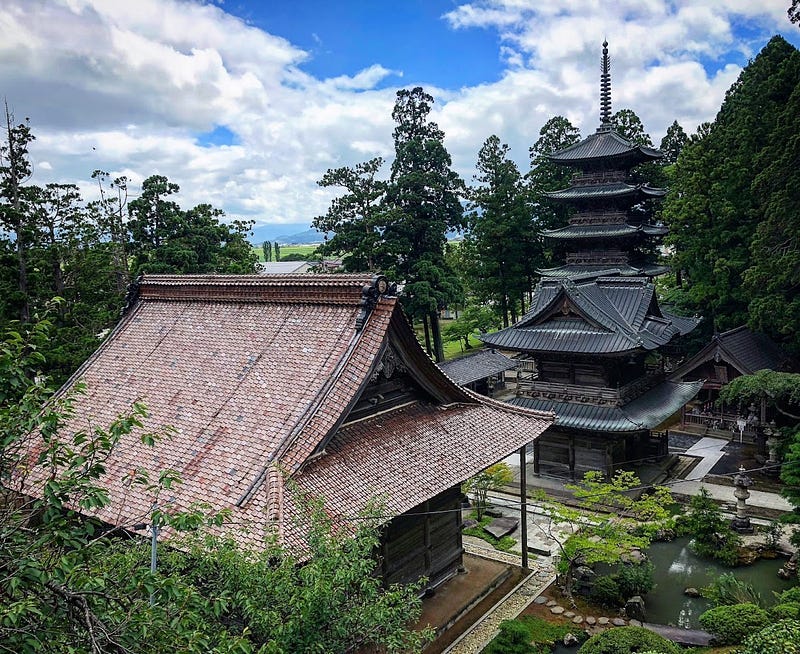 The Five Story Pagoda and other temples in the grounds of Zenpoji monastery in Tsuruoka City, Yamagata Prefecture