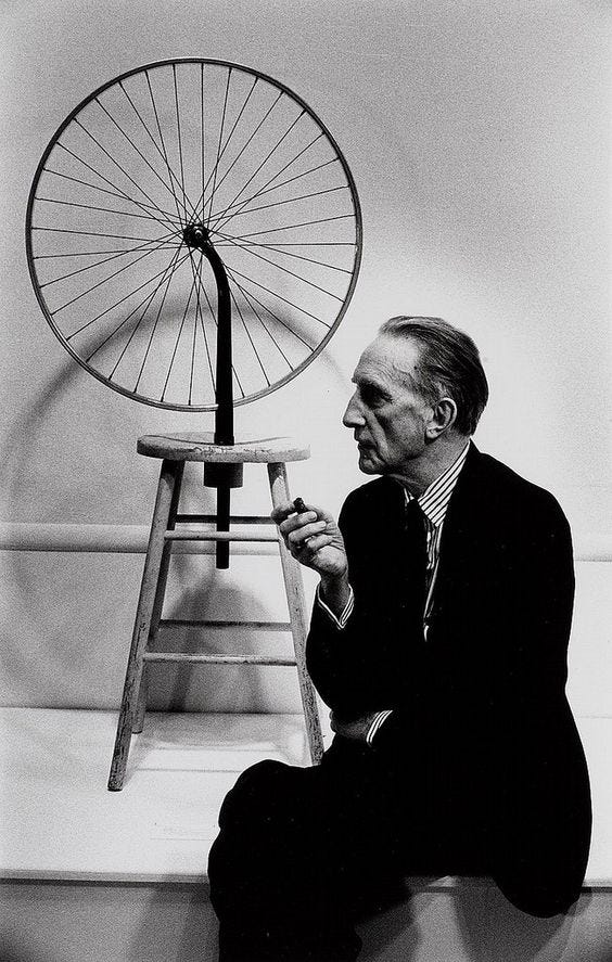 Duchamp with Bicycle Wheel (1913).