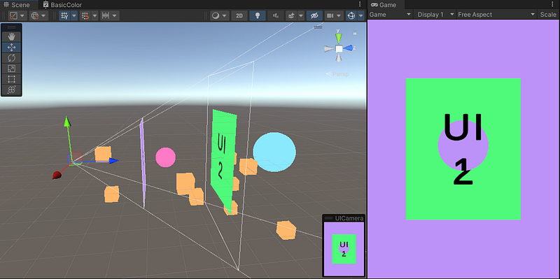 Screenshot showing 3D objects and canvases rendered correctly using a camera stack
