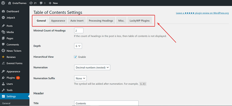 There are some sections you must pay attention to on setting table of contents.