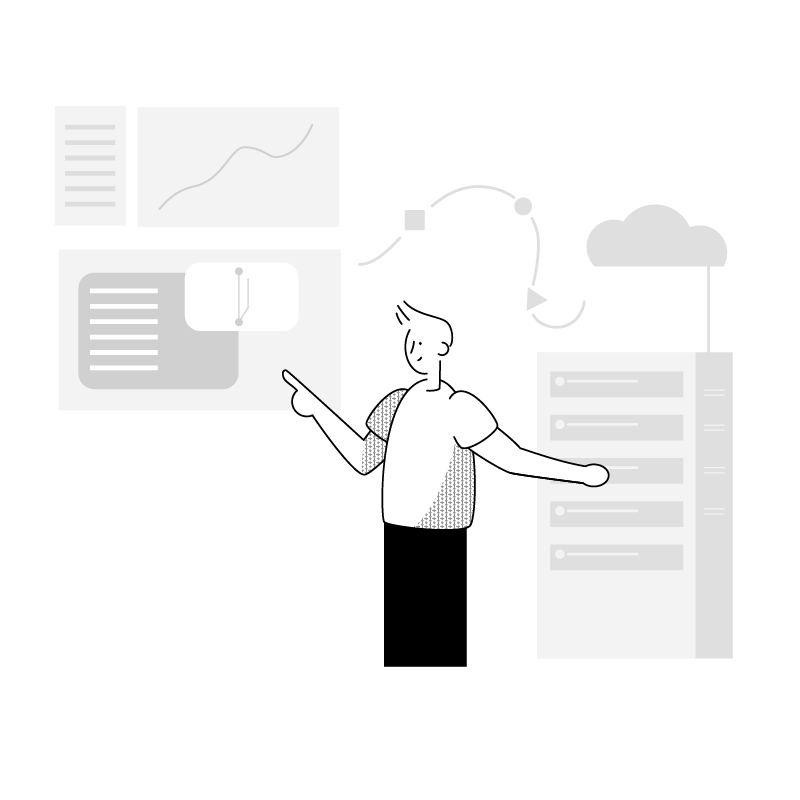 Person pointing to graphs and a technology stack.