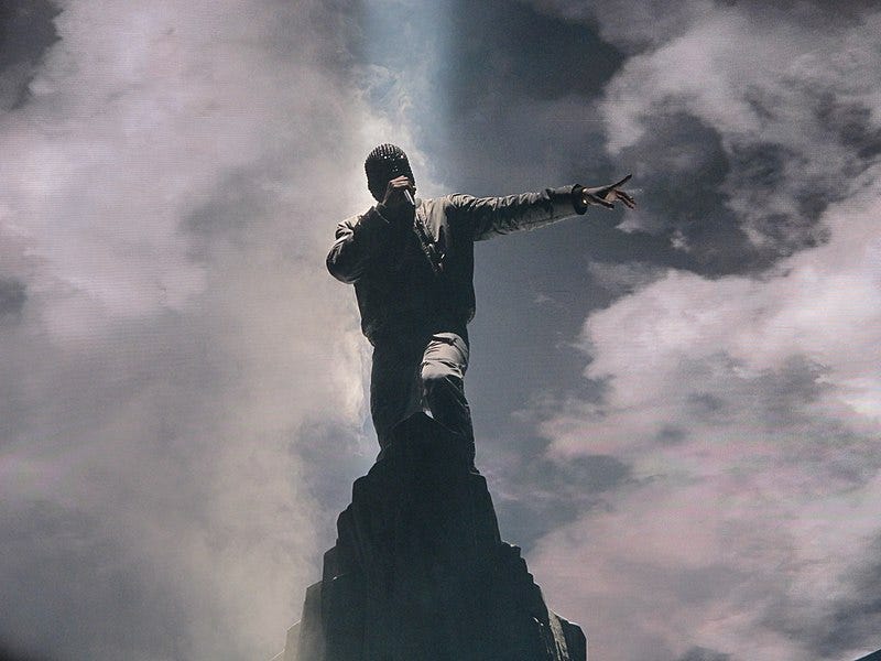 Kanye West performing atop a mountain at the Verizon Center on November 21, 2013 in Washington, D.C. on The Yeezus Tour.