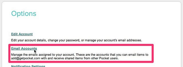 Pocket：EmailAccountsメニュー