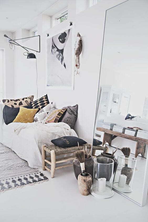 Scandinavian living room with large mirror