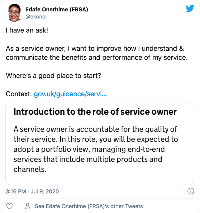 Twitter: I have an ask! As a service owner, I want to improve how I understand & communicate benefits of my service