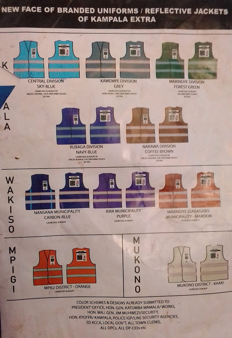 Boda uniforms for Kampala, Wakiso, Mpigi and Mukono, the districts that make up the Greater Kampala Metropolitan Area.