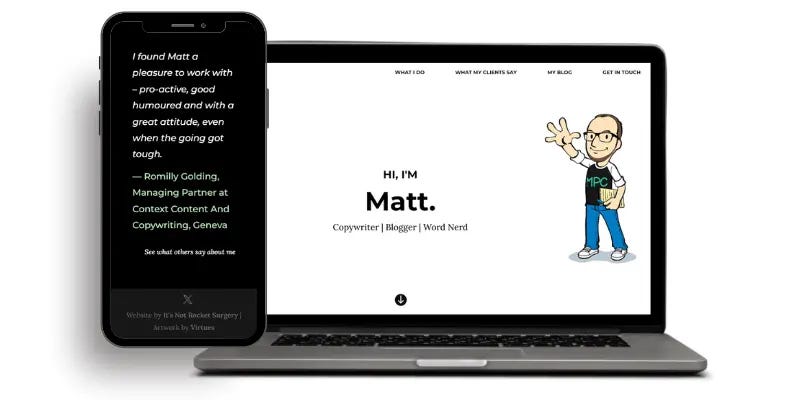 Matt’s copywriting website displayed on a smartphone and laptop.
