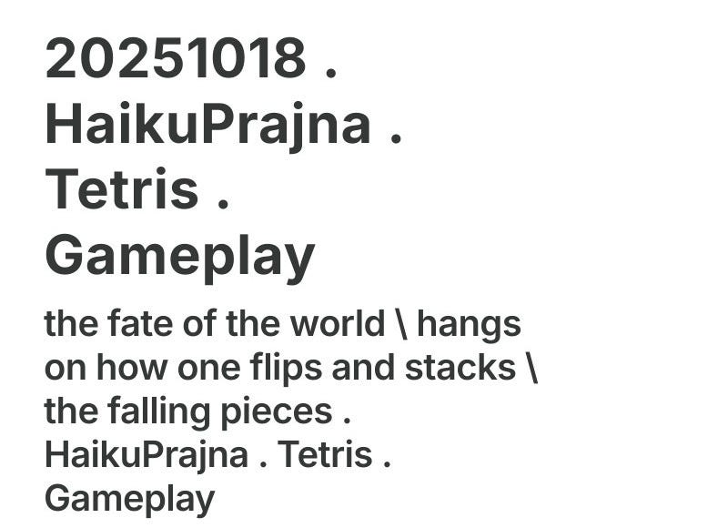 the fate of the world \ hangs on how one flips and stacks \ the falling pieces . HaikuPrajna . Tetris . Gameplay