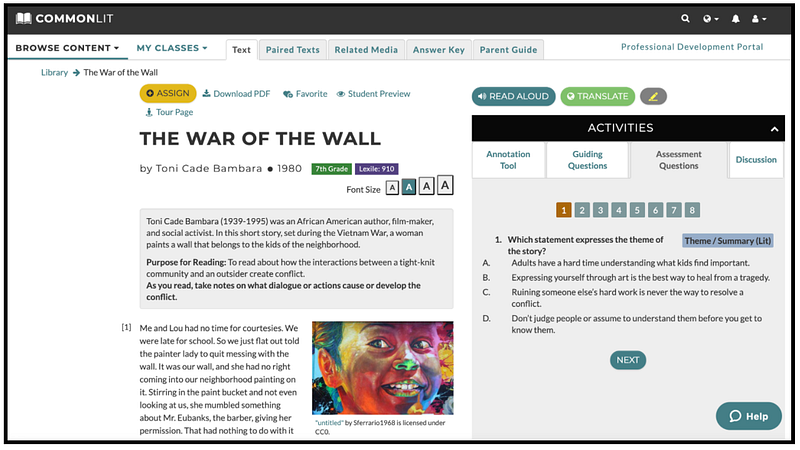 The CommonLit text "The War of the Wall"
