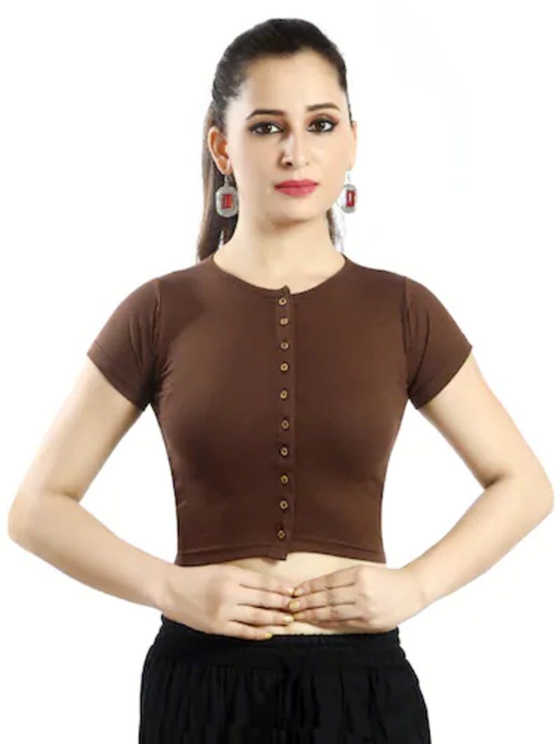 Front buttoned placket solid blouse designs