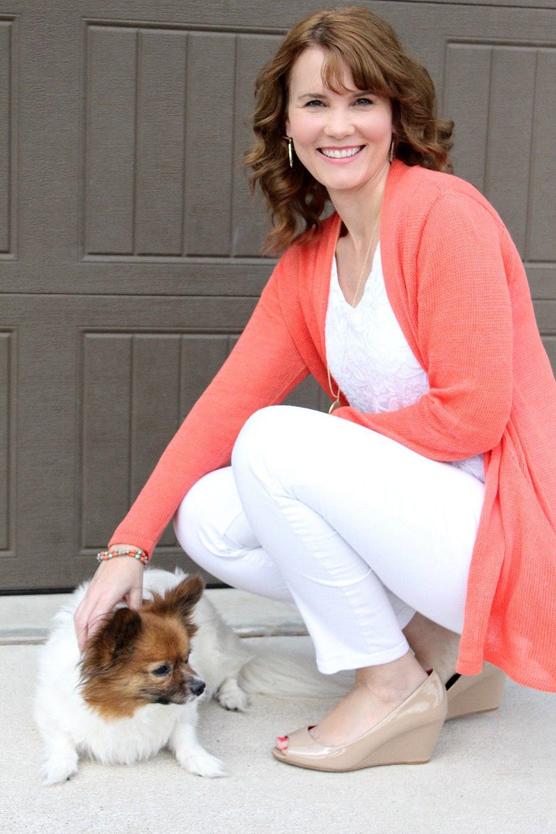 Spring outfit idea - nude patent wedges, white denim, white lace top and a coal cardigan.