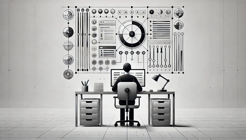 A man sits at a desk in front of a futuristic digital dashboard.