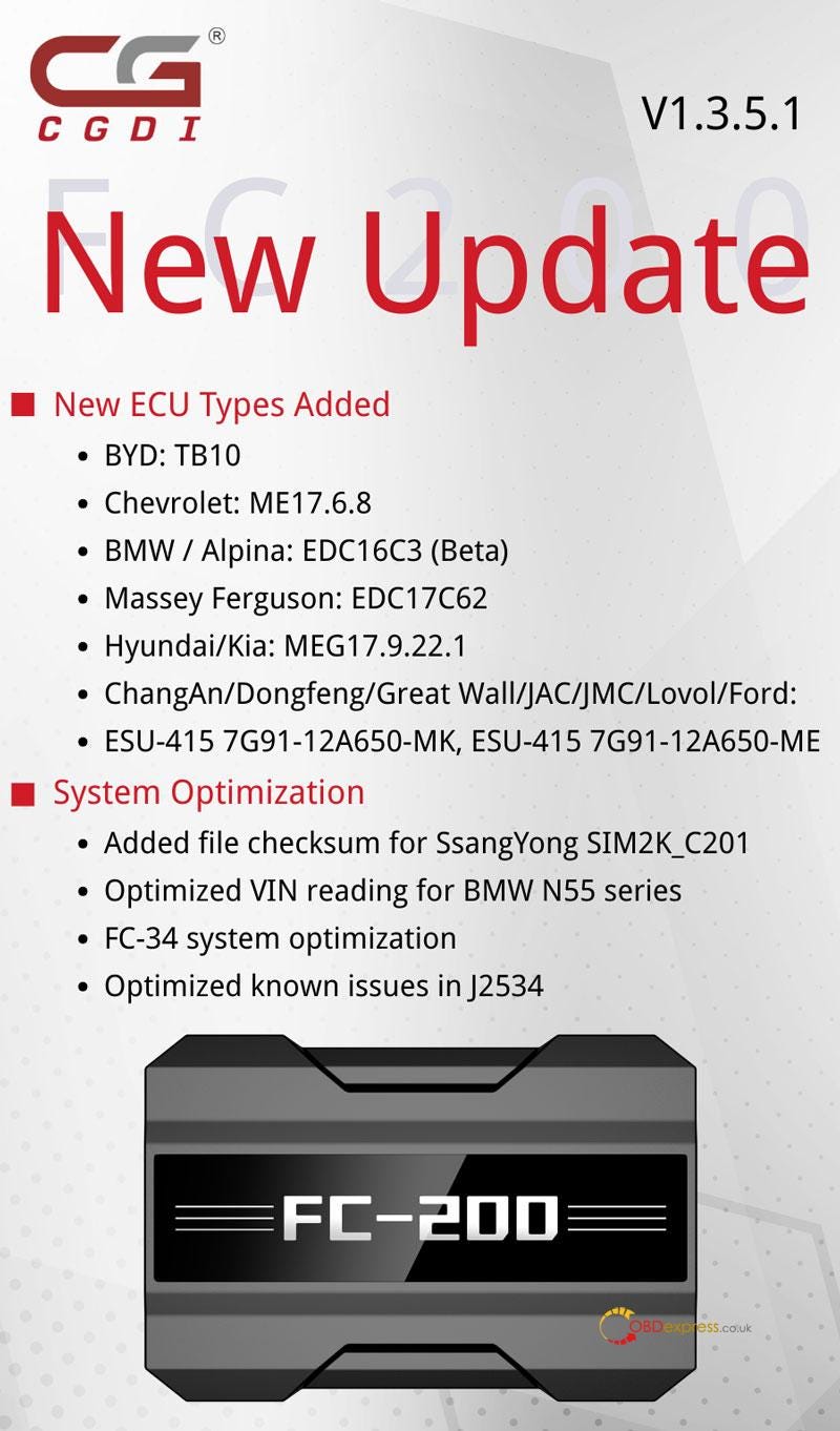 CGDI FC200 アップデート V1.3.5.1 BMW、BYD、シボレーの新しいECUサポート